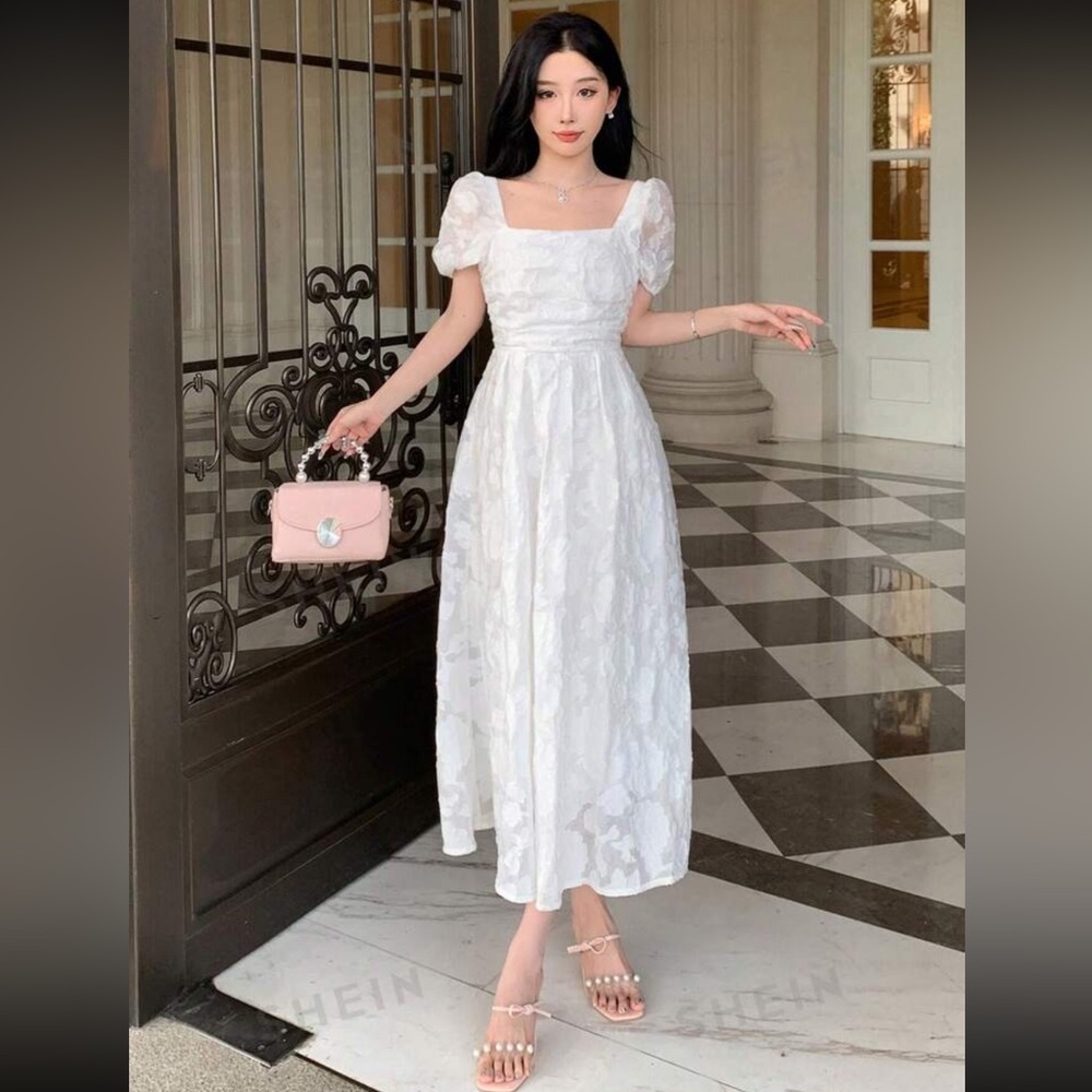 DAZY Texture Jacquard Square Neckline Puff Sleeves Midi Dress w Cinched Waist M - Picture 5 of 15